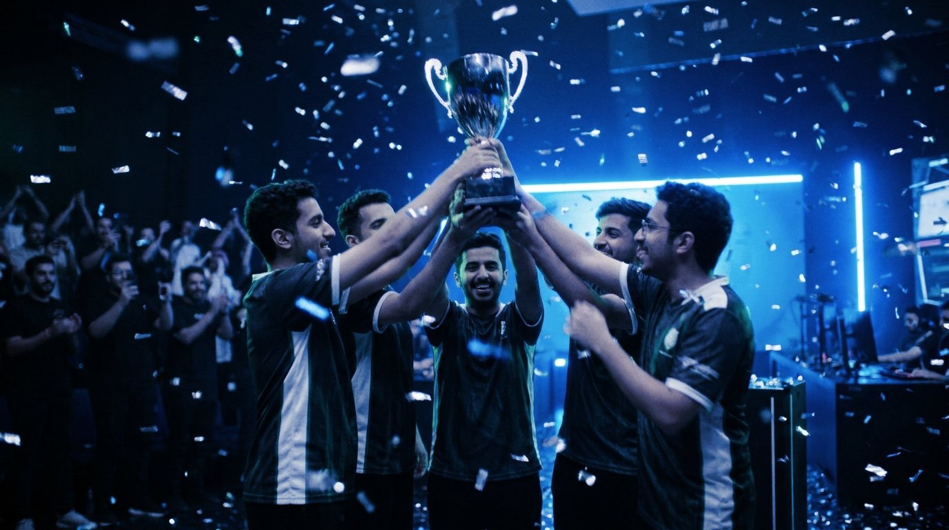 Winners lifting a trophy under confetti